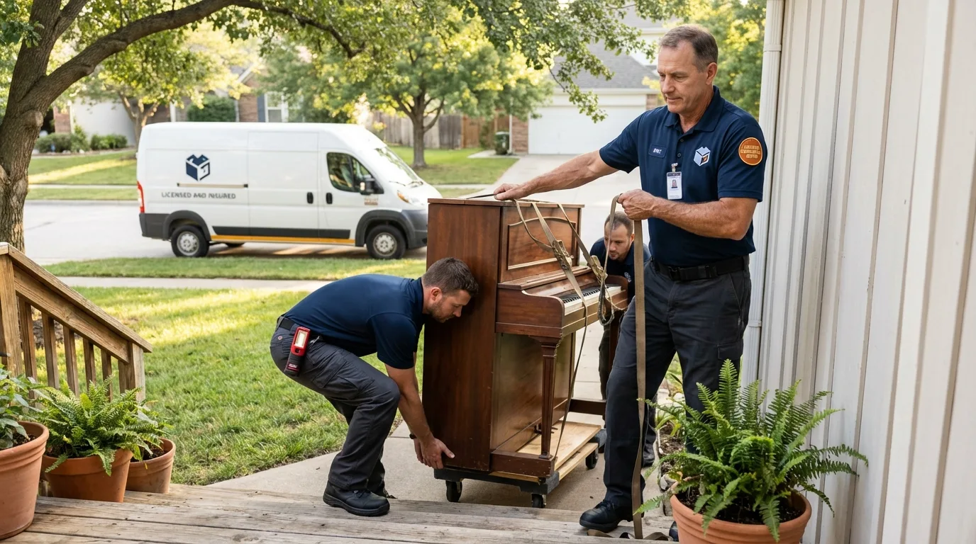 Licensed piano movers securing grand piano in Auburn, NH