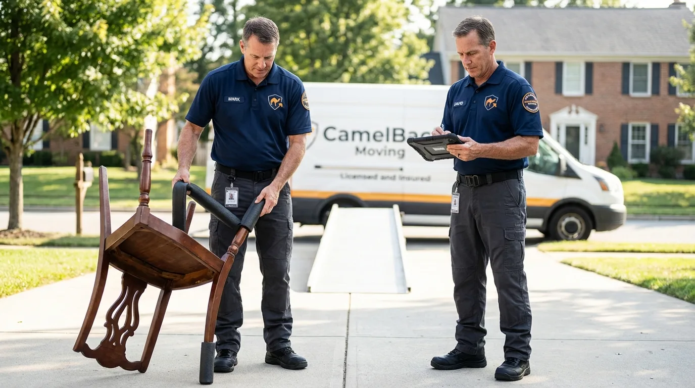 Movers inspecting furniture for damage prevention before loading in Auburn, NH