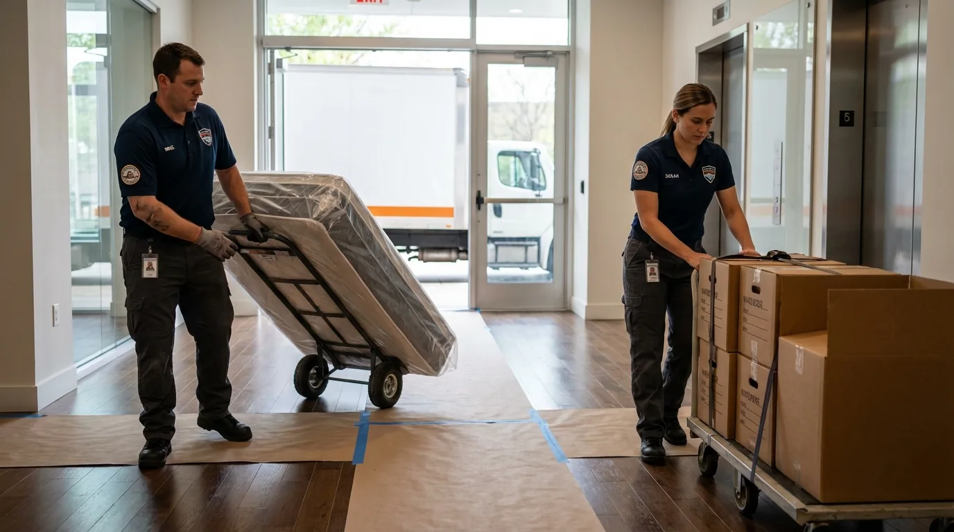 Professional apartment movers loading elevator in Auburn, NH