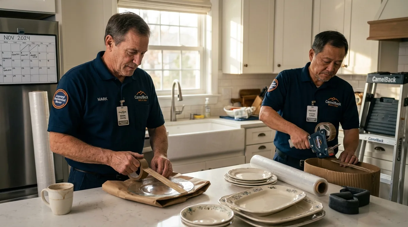 Professional crew packing kitchen dishware in Auburn, NH